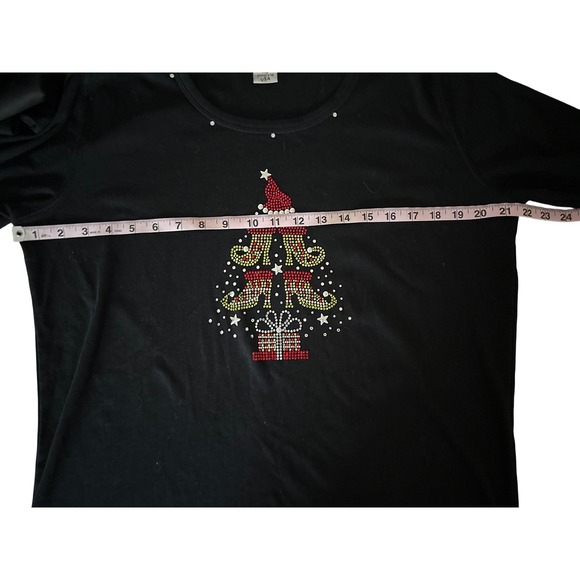 Isaacs Designs Christmas Tree Rhinestone 3/4 Sleeve Black Top XL Holidays Party - Picture 8 of 9